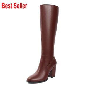 Knee High Leather Boots with Chunky 3.5 Inch Heel Round Toe